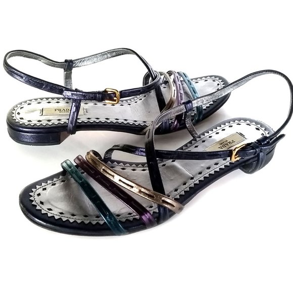 PRADA Sandals 38.5 Metallic Leather SZ 8 - Picture 1 of 7